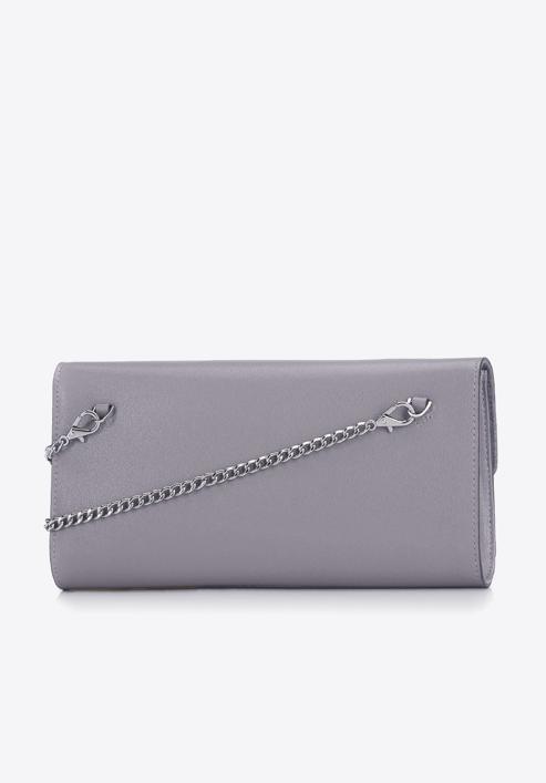 Leather clutch bag with chain shoulder strap, grey, 92-4E-661-10, Photo 3