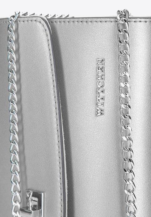 Kopertówka skórzana prosta z łańcuszkiem, srebrny, 92-4E-661-70, Zdjęcie 5