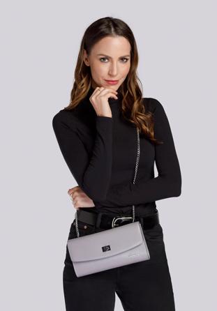 Leather clutch bag with chain shoulder strap, grey, 92-4E-661-80, Photo 1