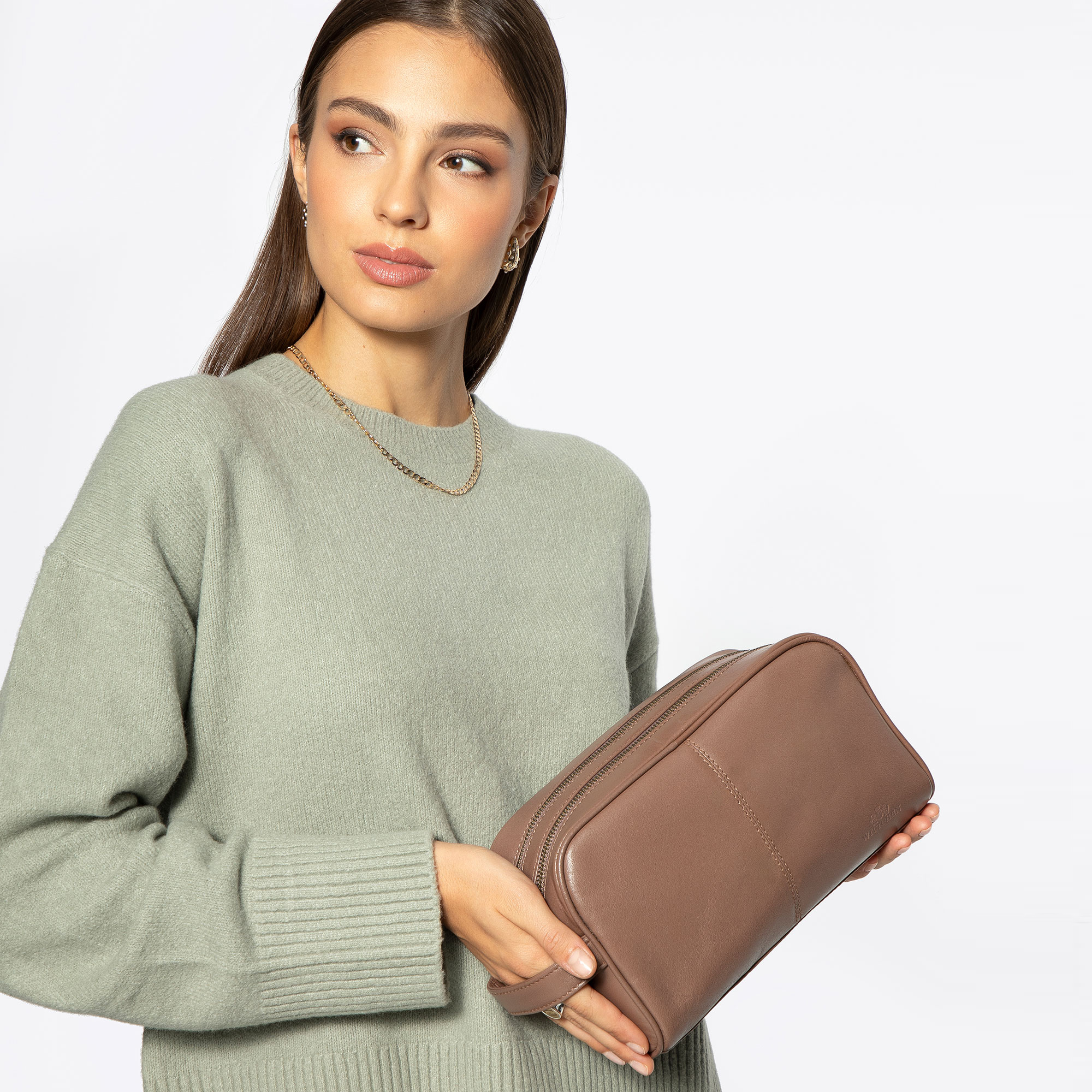 Dvojradová kozmetická taštička z kože v taupe farbe, 14-3-328-OL. , Vyberte variant taupe