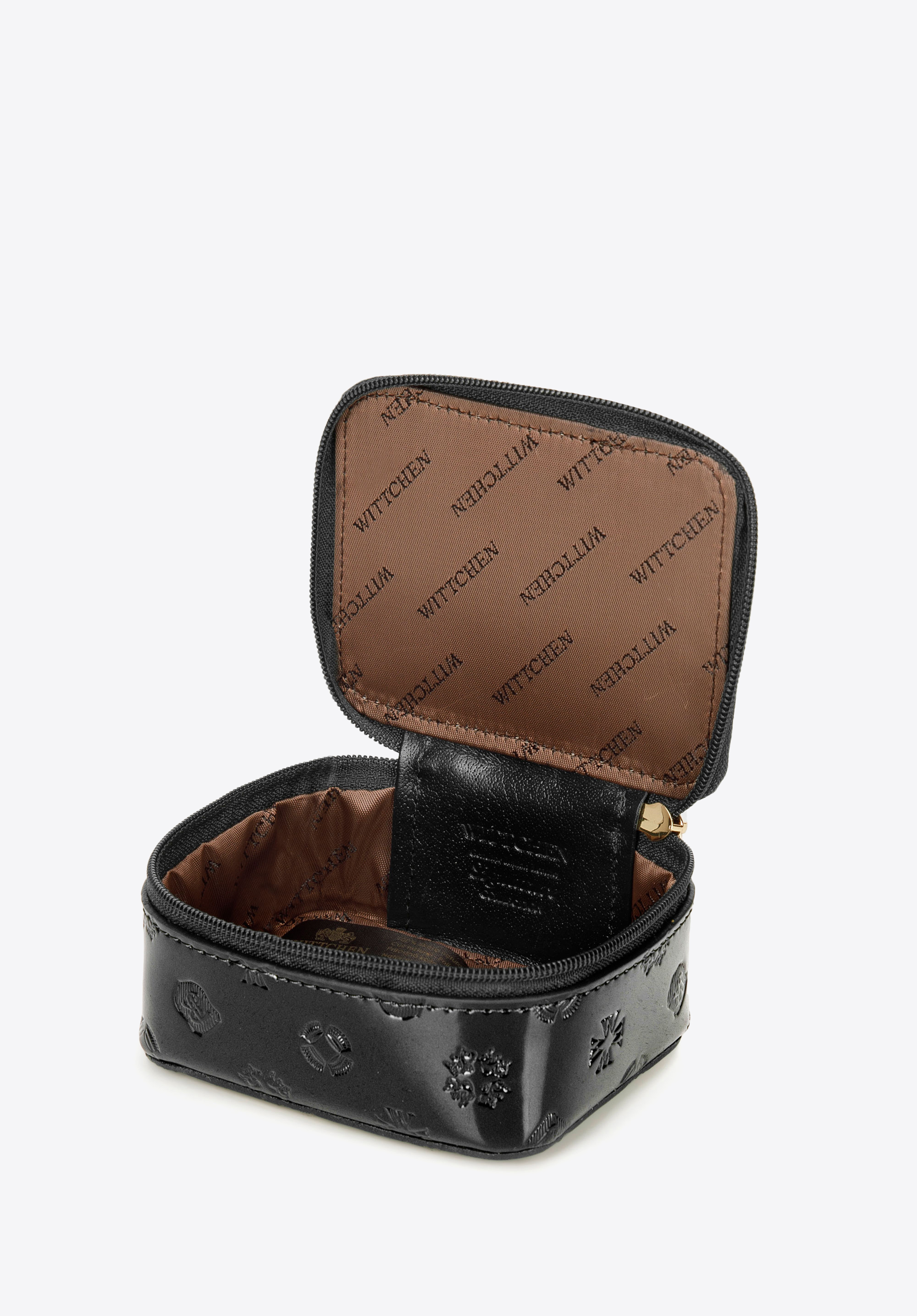 Kosmetyczka z lakierowanej skóry tłoczonej w monogram z tasiemką, czarny, 34-2-034-11, Zdjęcie 1