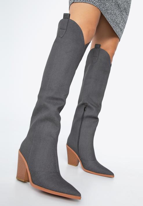 Women's knee high denim cowboy boots, grey, 97-D-525-7-35, Photo 15