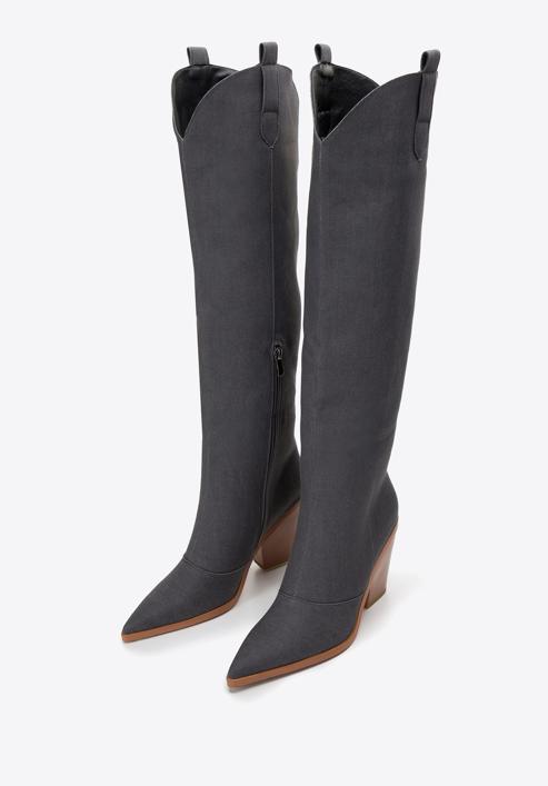 Women's knee high denim cowboy boots, grey, 97-D-525-7-39, Photo 2