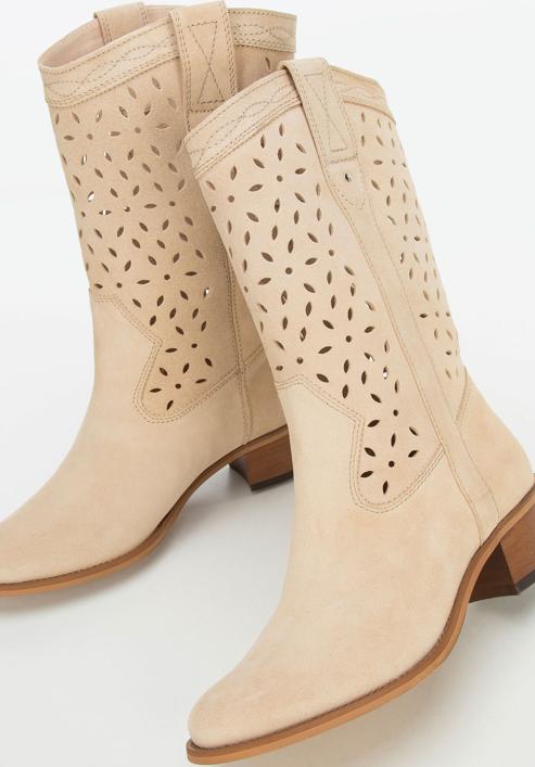 Tall suede western boots, beige, 94-D-809-9-37, Photo 7