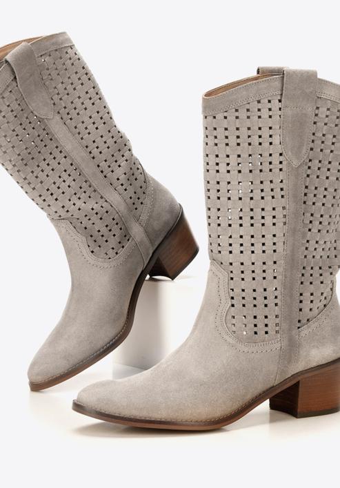 Perforated suede cowboy boots, beige, 92-D-054-1-36, Photo 7