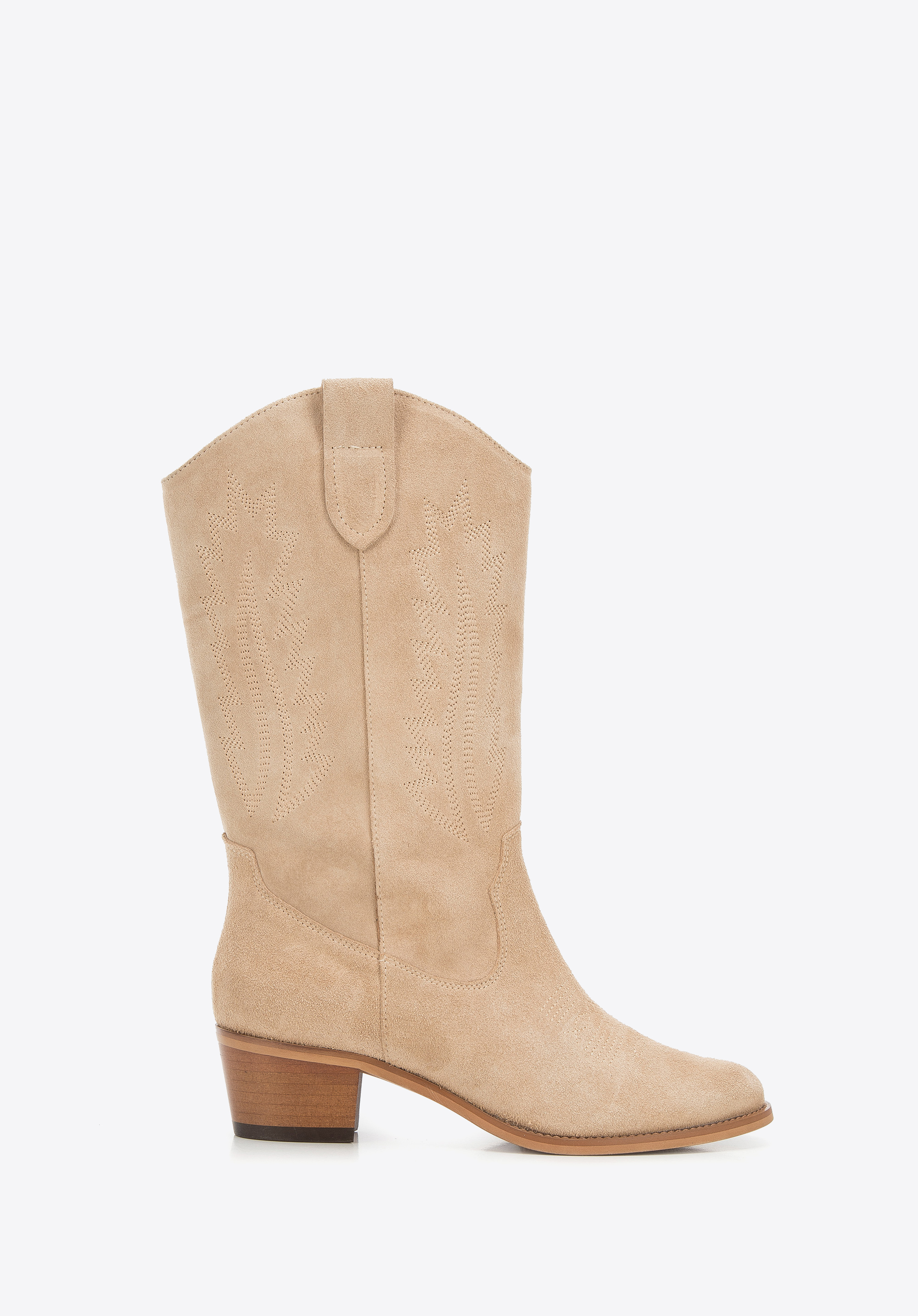 Kowbojki zamszowe haftowane wysokie beżowe