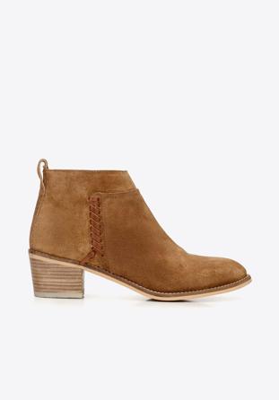 Suede cowboy ankle boots with braided detail, camel, 92-D-152-5-40, Photo 1
