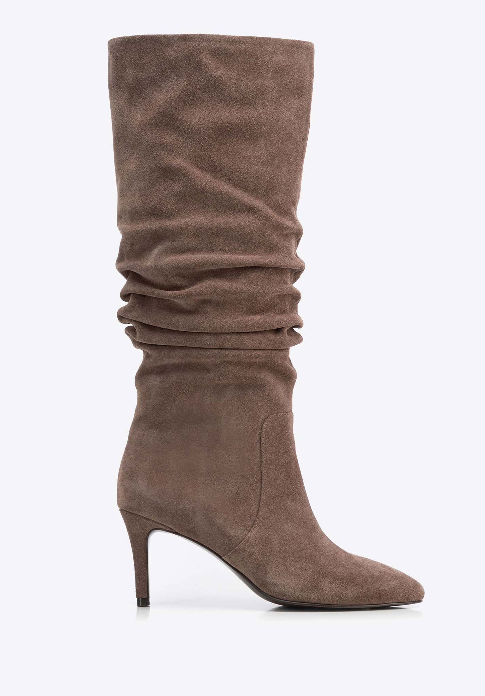 Women's suede knee-high boots with ruched upper, beige, 103-D-350-9-40, Photo 1