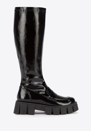 Patent leather lug sole boots, black, 95-D-804-1L-40, Photo 1