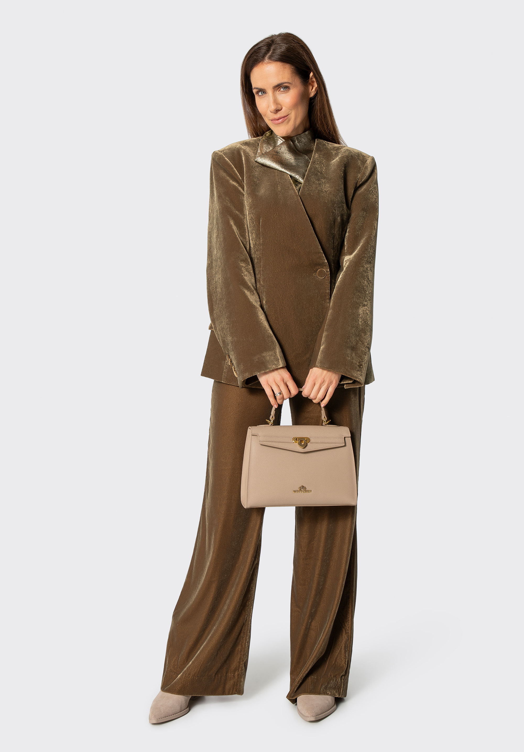 Kuferek ze skóry naturalnej z dekoracyjnym zapięciem, beżowy, 101-4E-214-9, Zdjęcie 1