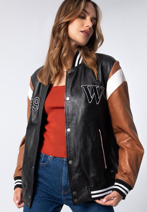 Leather varsity jacket, black-brown, 97-09-203-43-2XL, Photo 1