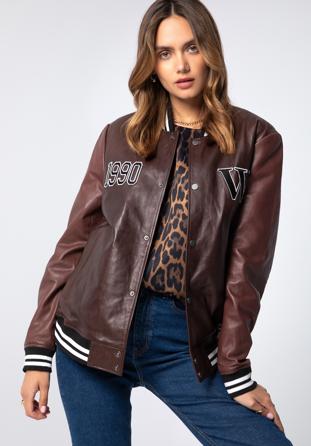 Leather varsity jacket, brown - burgundy, 97-09-203-43-L/XL, Photo 1