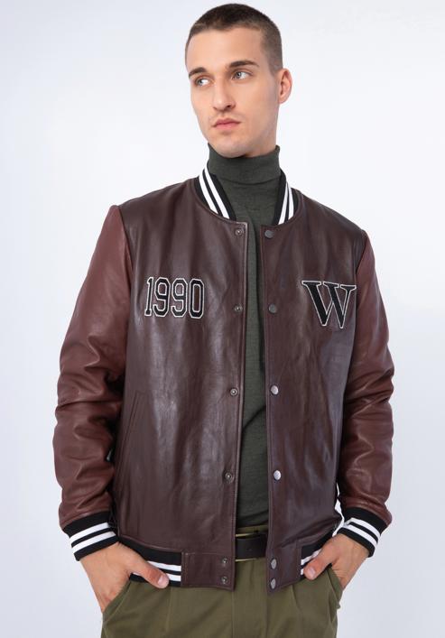 Leather varsity jacket, brown - burgundy, 97-09-203-15-S/M, Photo 3