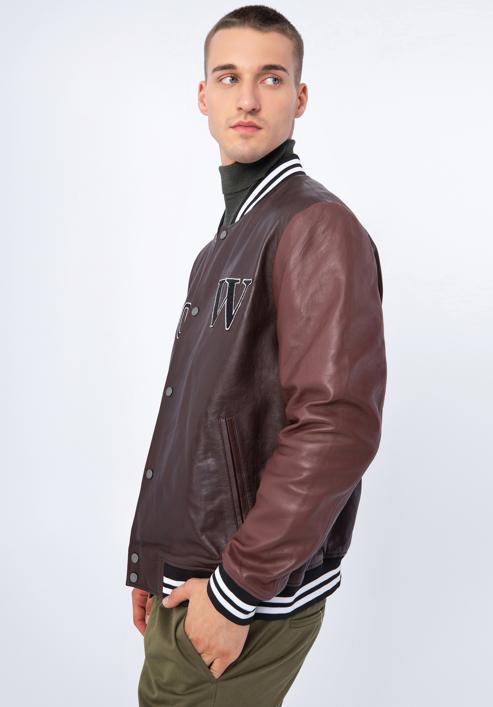 Leather varsity jacket, brown - burgundy, 97-09-203-15-L/XL, Photo 4
