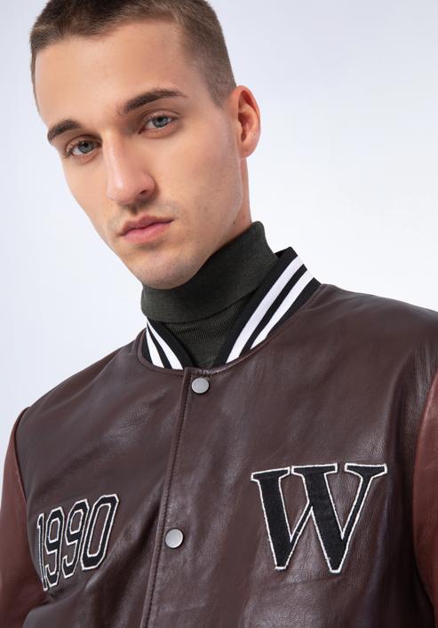 Leather varsity jacket, brown - burgundy, 97-09-203-15-L/XL, Photo 6