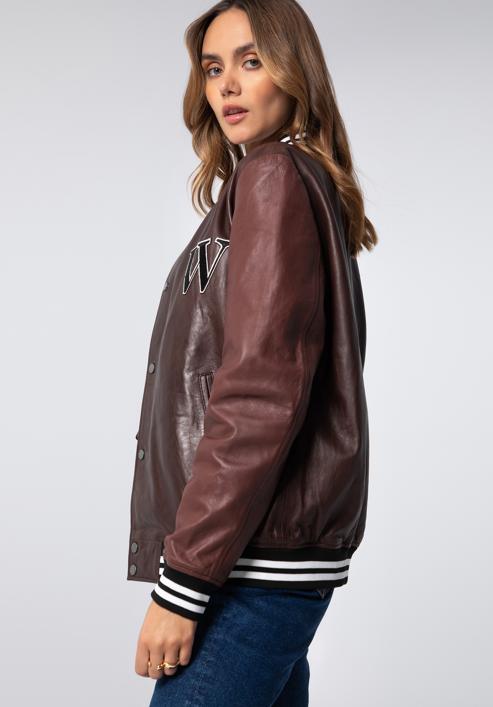 Leather varsity jacket, brown - burgundy, 97-09-203-15-S/M, Photo 7