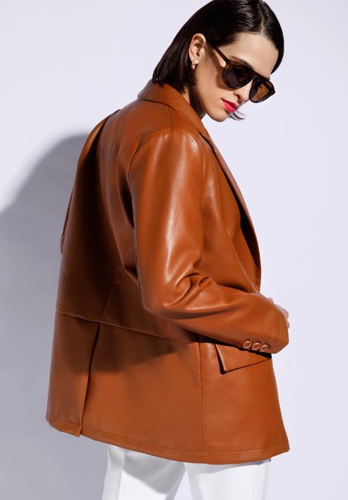 Women's classic faux leather blazer, brown, 96-9P-105-1-S, Photo 3