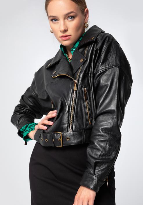 Cropped leather biker jacket, black, 97-09-202-4-L, Photo 1