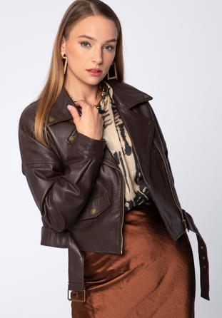 Cropped leather biker jacket, dark brown, 97-09-202-4-M, Photo 1