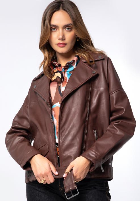 Women's oversize leather biker jacket, burgundy, 97-09-201-3-M, Photo 2