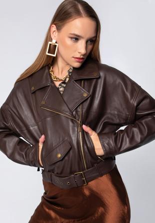 Cropped leather biker jacket, dark brown, 97-09-202-4-L, Photo 1