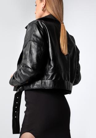 Cropped leather biker jacket, black, 97-09-202-1-L, Photo 1