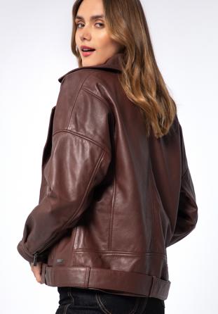 Women's oversize leather biker jacket, burgundy, 97-09-201-3-S, Photo 1