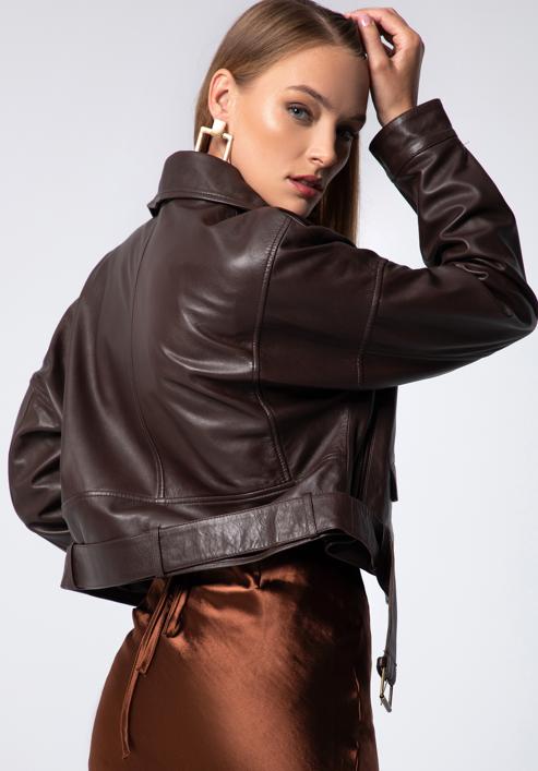 Cropped leather biker jacket, dark brown, 97-09-202-4-L, Photo 4