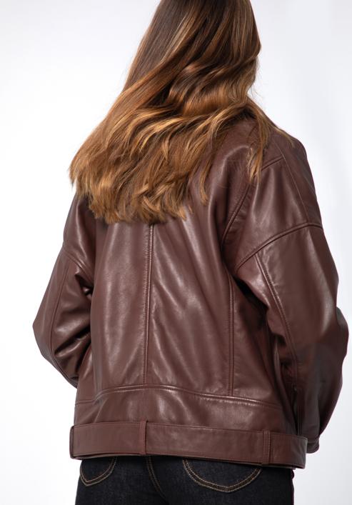 Women's oversize leather biker jacket, burgundy, 97-09-201-4-S, Photo 5