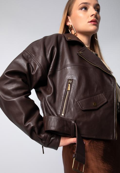 Cropped leather biker jacket, dark brown, 97-09-202-4-L, Photo 5