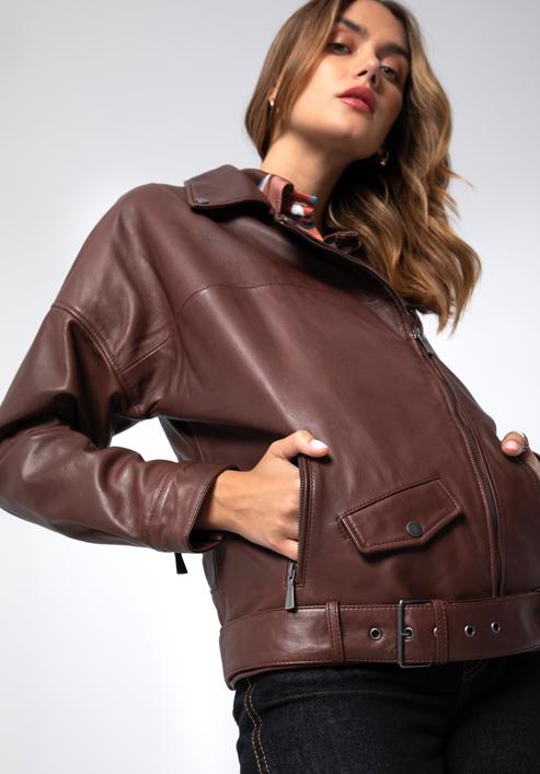 Women's oversize leather biker jacket, burgundy, 97-09-201-3-M, Photo 6