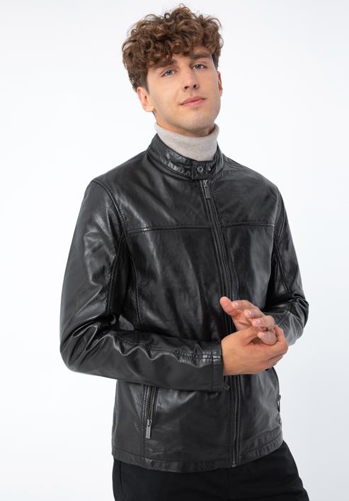 Men's leather jacket, ebony, 96-09-850-N-M, Photo 1
