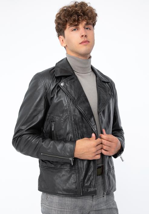 Men's leather biker jacket, black, 96-09-851-4-L, Photo 1