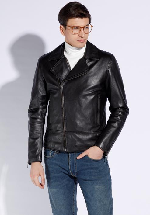 Men's leather biker jacket, ebony, 96-09-851-1-M, Photo 1