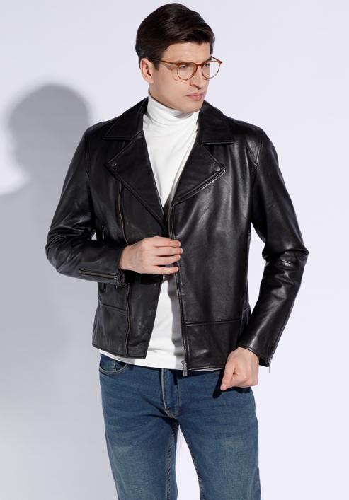 Men's leather biker jacket, ebony, 96-09-851-1-L, Photo 2