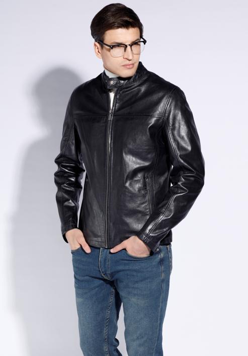 Men's leather jacket, navy blue, 96-09-850-N-L, Photo 3