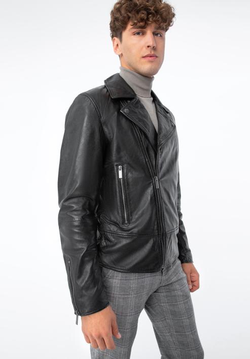 Men's leather biker jacket, black, 96-09-851-1-L, Photo 3