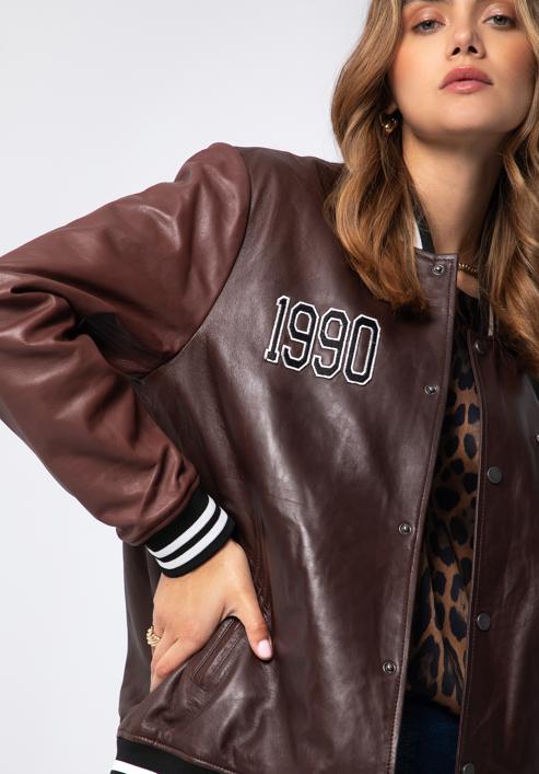 Leather varsity jacket, brown - burgundy, 97-09-203-15-S/M, Photo 12