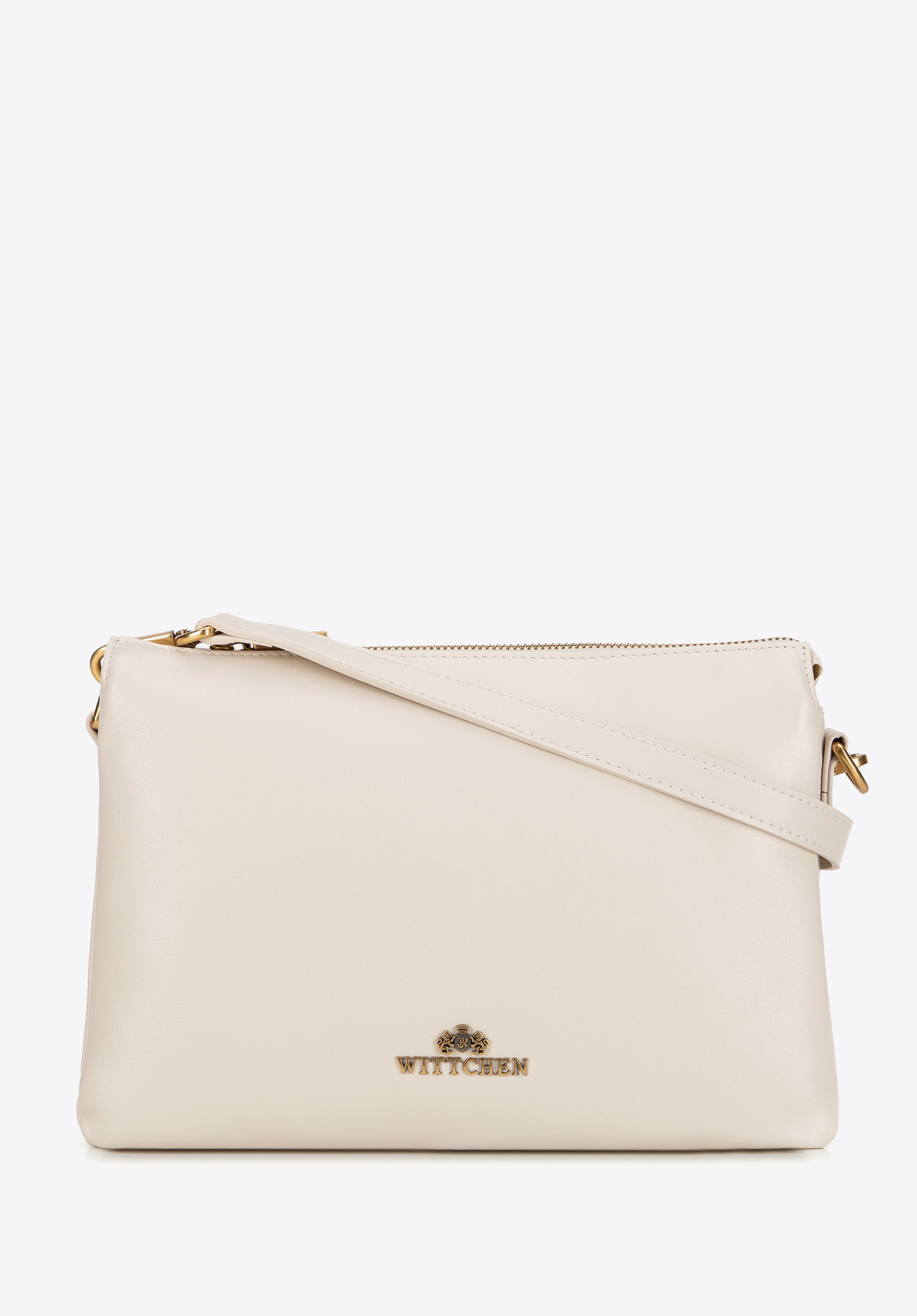 Smooth leather triple-compartment crossbody bag, cream, 101-4E-604-9, Photo 1