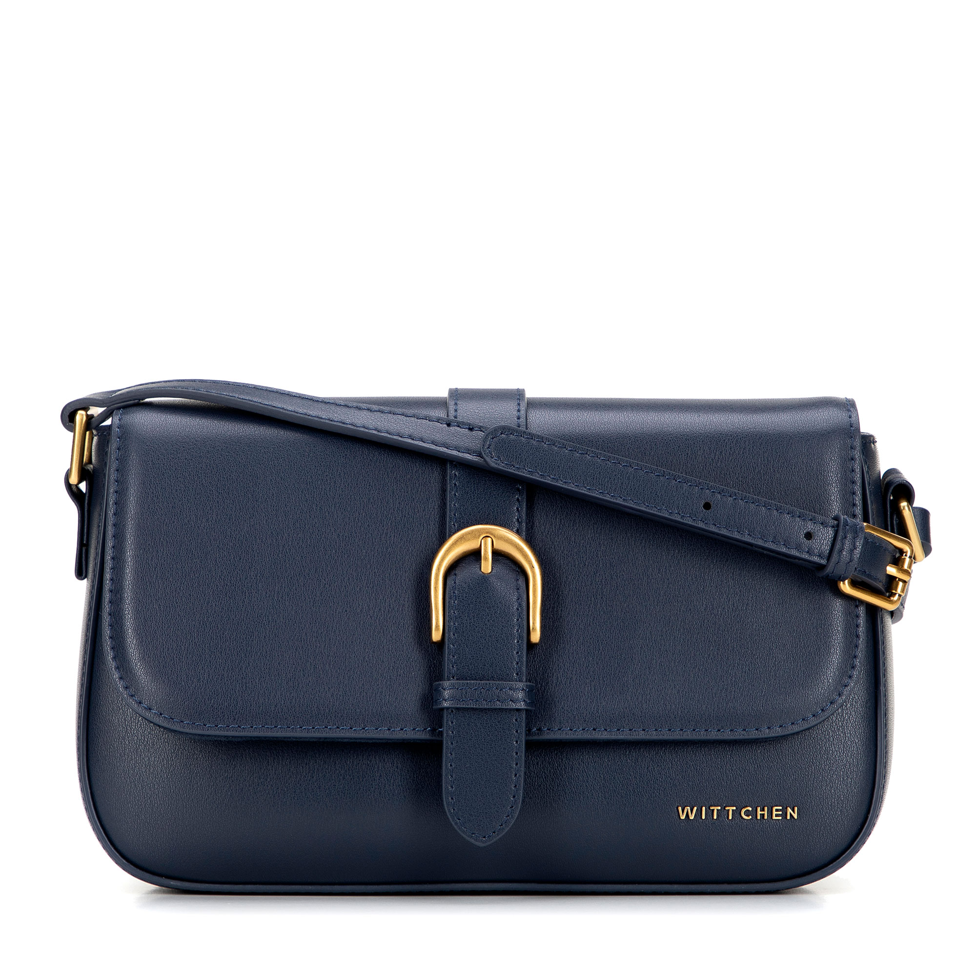 Tmavomodrá crossbody kabelka z prírodnej kože s klopou 101-4E-601-7