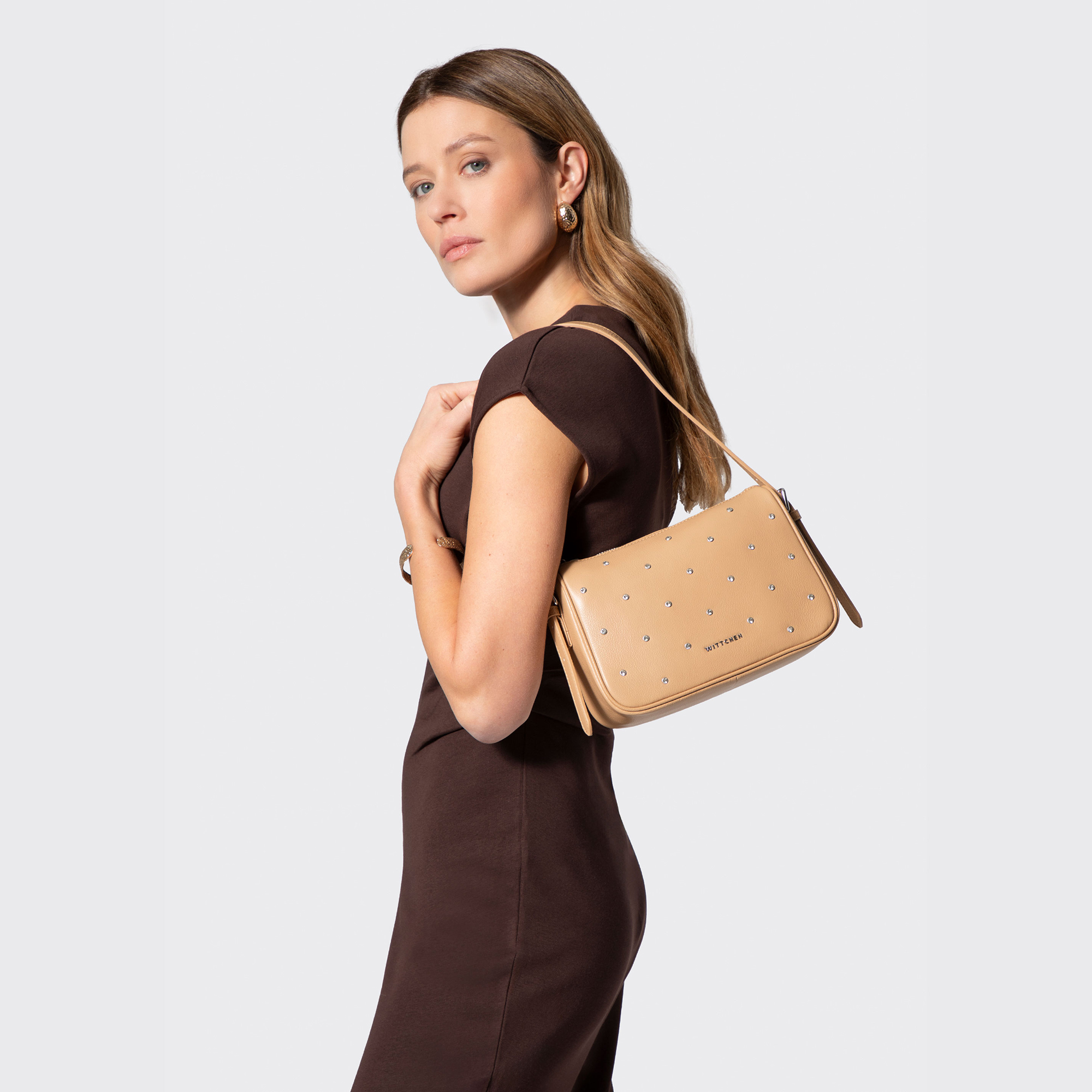 Béžová crossbody kabelka z prírodnej kože s ozdobnými zirkónmi 102-4E-619-9, Vyberte variant béžová
