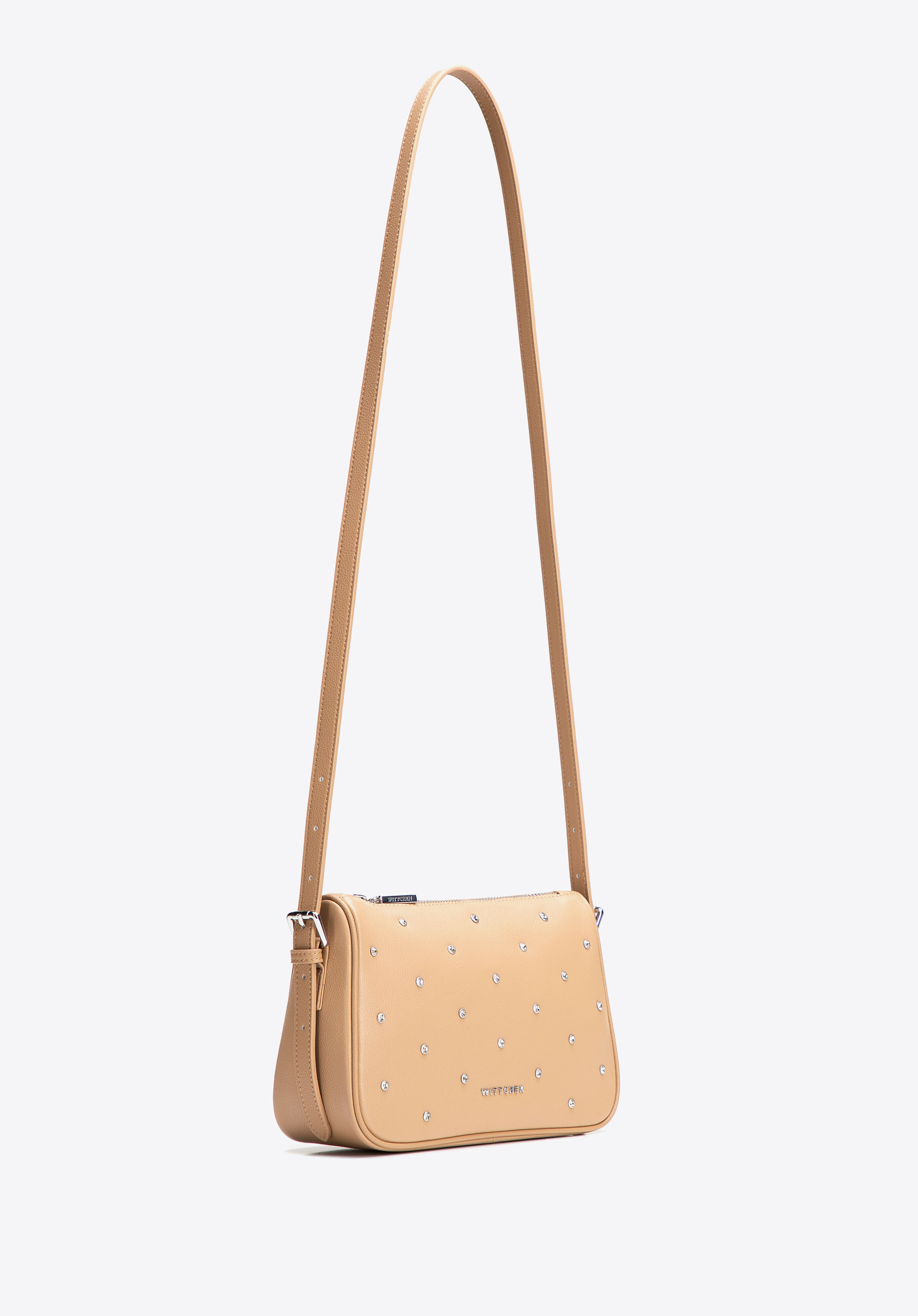 Listonoszka ze skóry naturalnej z ozdobnymi cyrkoniami, beżowy, 102-4E-619-9, Zdjęcie 1