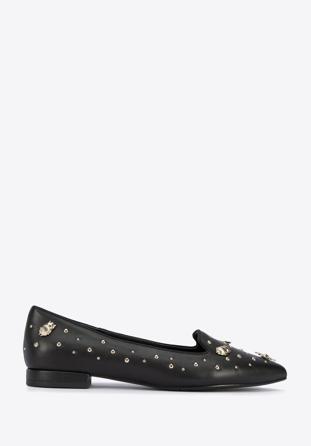 Leather loafers with beaded gold insects, black-gold, 95-D-505-1G-35, Photo 1