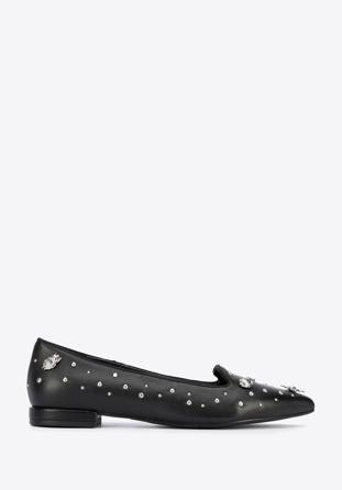Leather loafers with beaded gold insects, black-silver, 95-D-505-1S-39, Photo 1