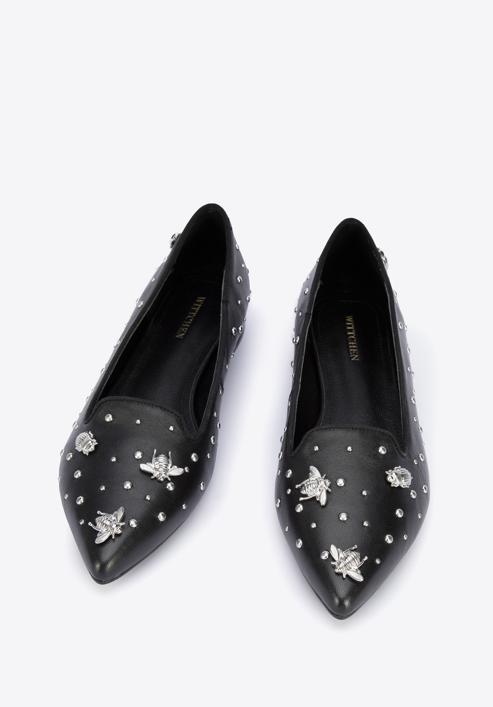 Leather loafers with beaded gold insects, black-silver, 95-D-505-1S-36, Photo 2