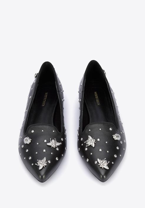Leather loafers with beaded gold insects, black-silver, 95-D-505-1S-35, Photo 3