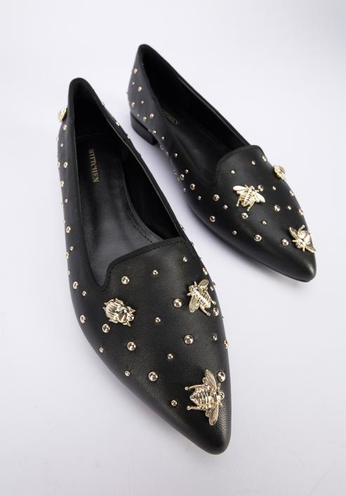 Leather loafers with beaded gold insects, black-gold, 95-D-505-1S-38, Photo 7