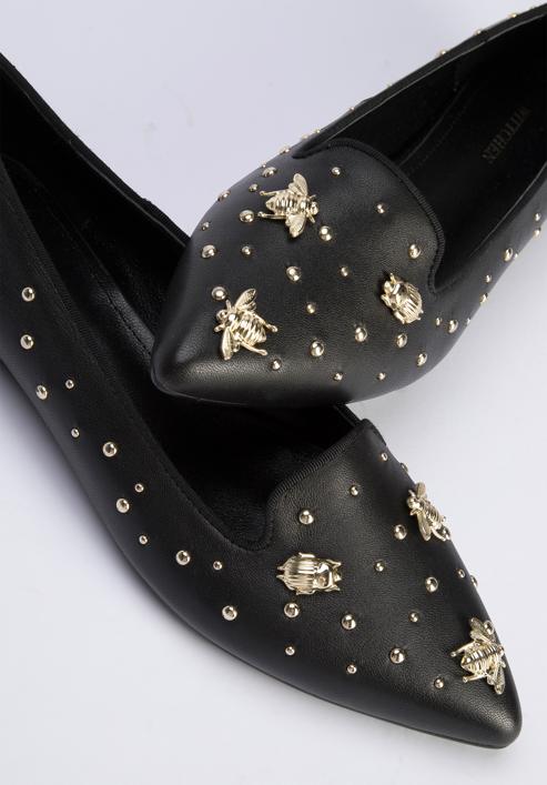 Leather loafers with beaded gold insects, black-gold, 95-D-505-1S-37, Photo 8