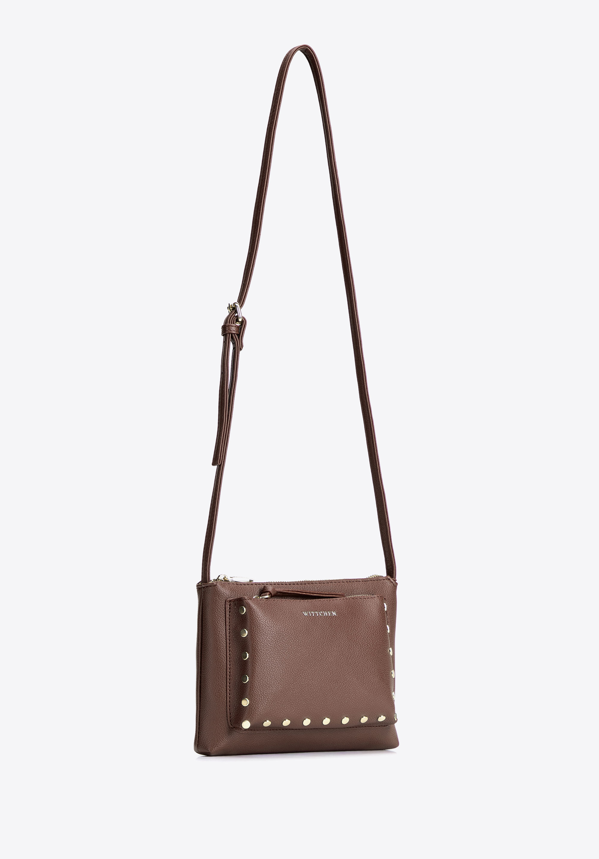 Women's small crossbody bag with decorative studs, dark brown, 104-4Y-505-4, Photo 1
