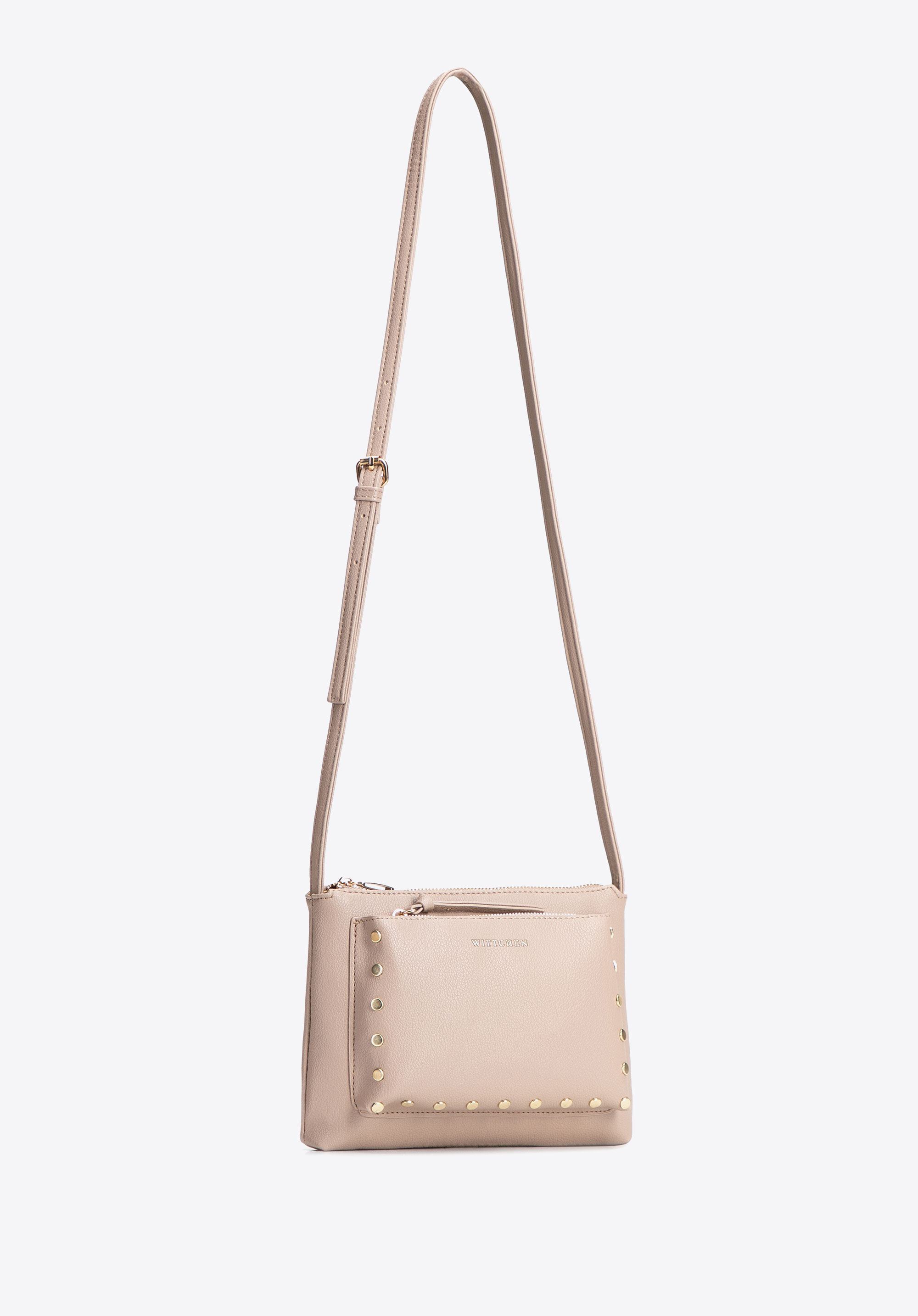 Women's small crossbody bag with decorative studs, beige, 104-4Y-505-9, Photo 1